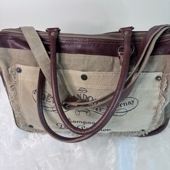 Myra Bag Champagne Fringe Upcycled Canvas and Genuine Leather Crossbody Bag - Picture 1 of 7